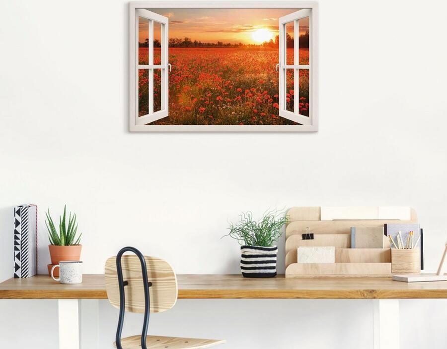 Artland Artprint Blik uit het venster klaprozenveld als artprint op linnen poster muursticker in verschillende maten - Foto 5