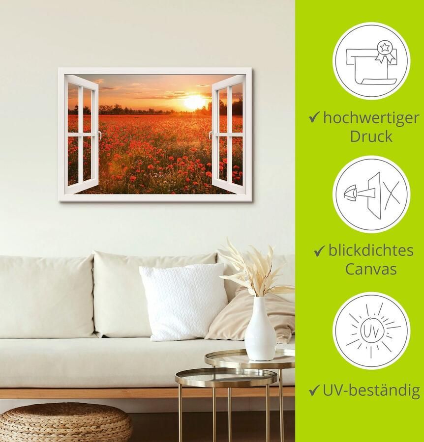 Artland Artprint Blik uit het venster klaprozenveld als artprint op linnen poster muursticker in verschillende maten - Foto 3