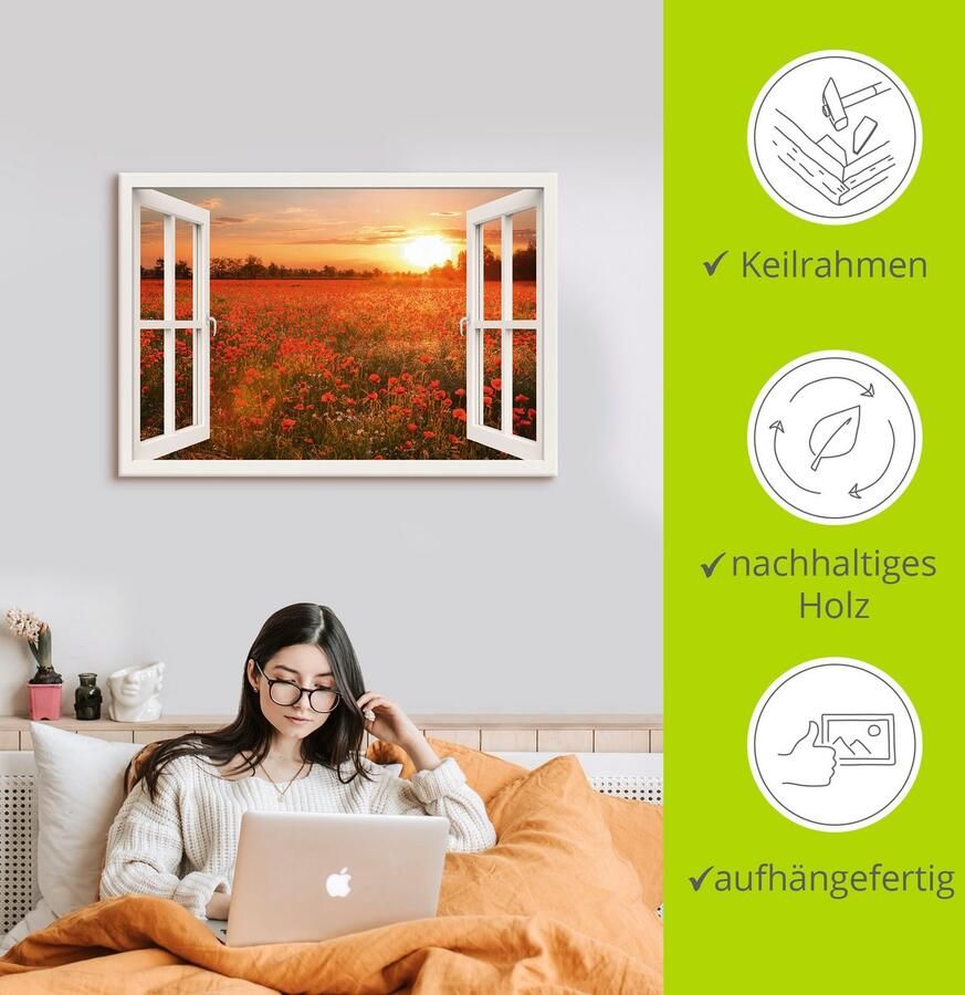 Artland Artprint Blik uit het venster klaprozenveld als artprint op linnen poster muursticker in verschillende maten - Foto 2