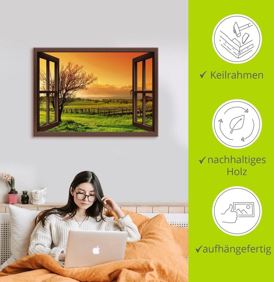 Artland Artprint Blik uit het venster landschap met wijnbergen als artprint op linnen muursticker in verschillende maten - Foto 2