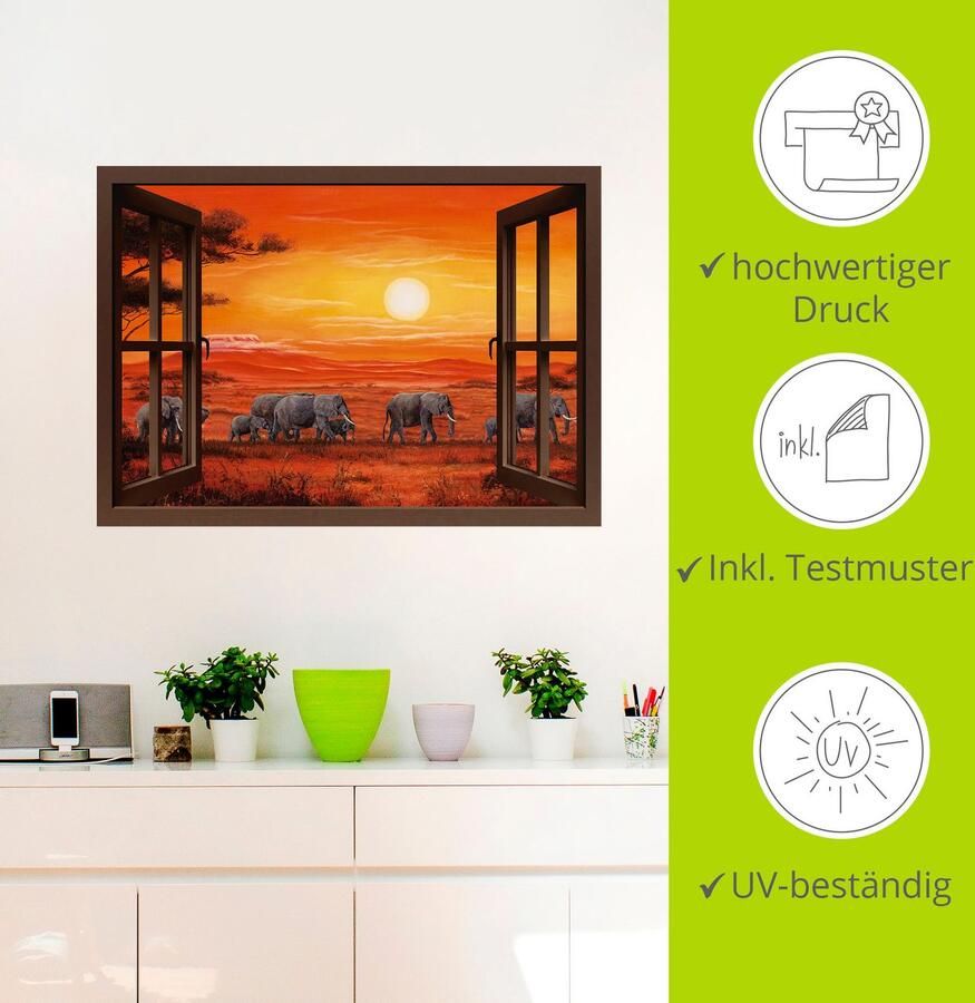 Artland Artprint Blik uit het venster olifantenkudde als artprint op linnen poster muursticker in verschillende maten - Foto 3