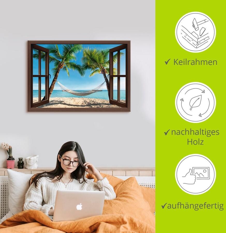 Artland Artprint Blik uit het venster palmenstrand Caribic als artprint op linnen poster muursticker in verschillende maten - Foto 3