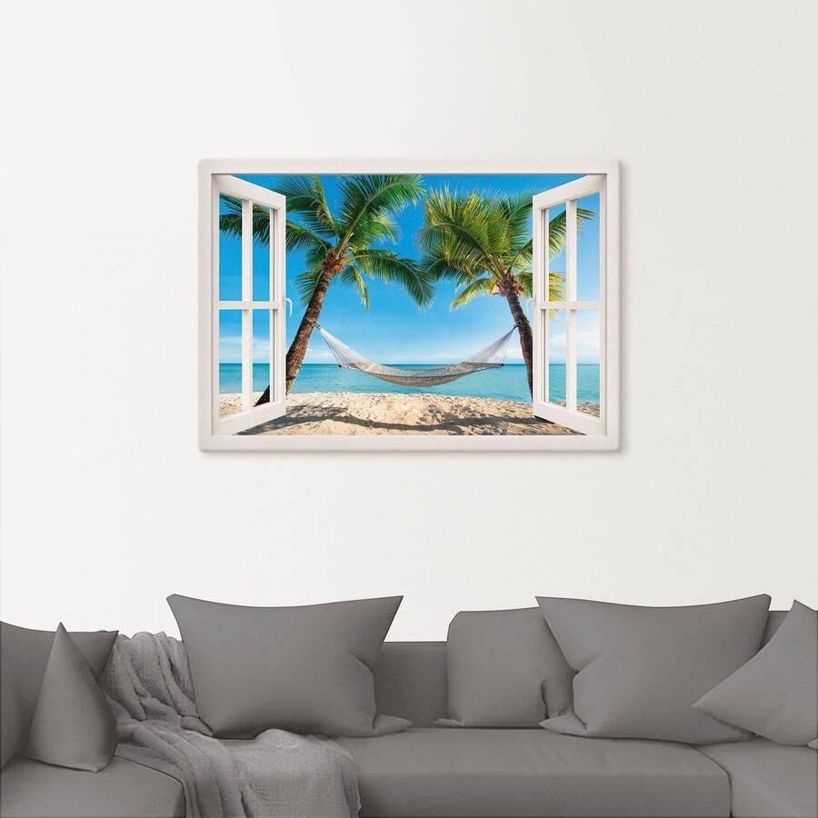 Artland Artprint Blik uit het venster palmenstrand Caribic als artprint van aluminium artprint voor buiten artprint op linnen poster muursticker