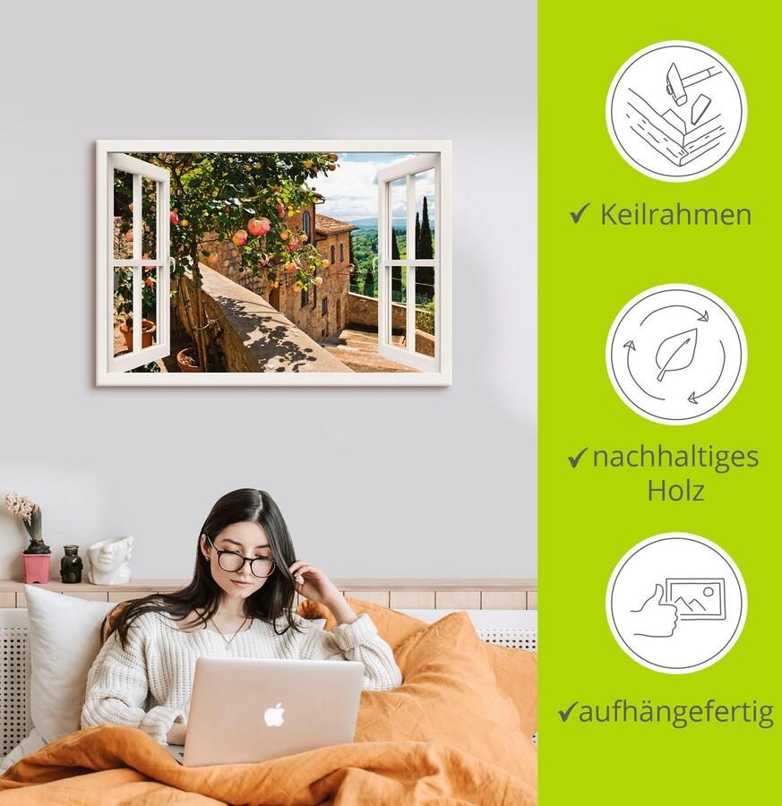 Artland Artprint Blik uit het venster rozen op balkon Toscane als artprint van aluminium artprint voor buiten artprint op linnen poster muursticker - Foto 3