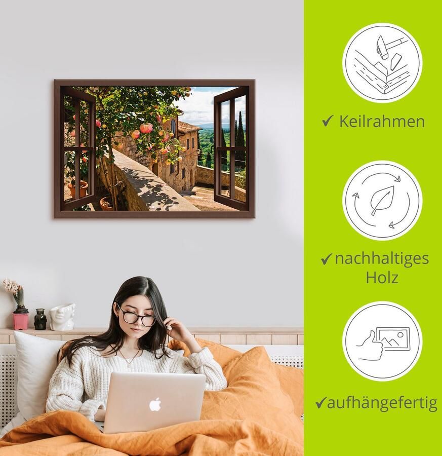 Artland Artprint Blik uit het venster rozen op balkon Toscane als artprint van aluminium artprint voor buiten artprint op linnen poster muursticker - Foto 2