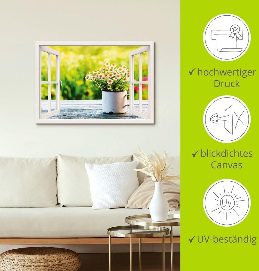 Artland Artprint Blik uit het venster tuin met madeliefje als artprint van aluminium artprint op linnen muursticker verschillende maten - Foto 3