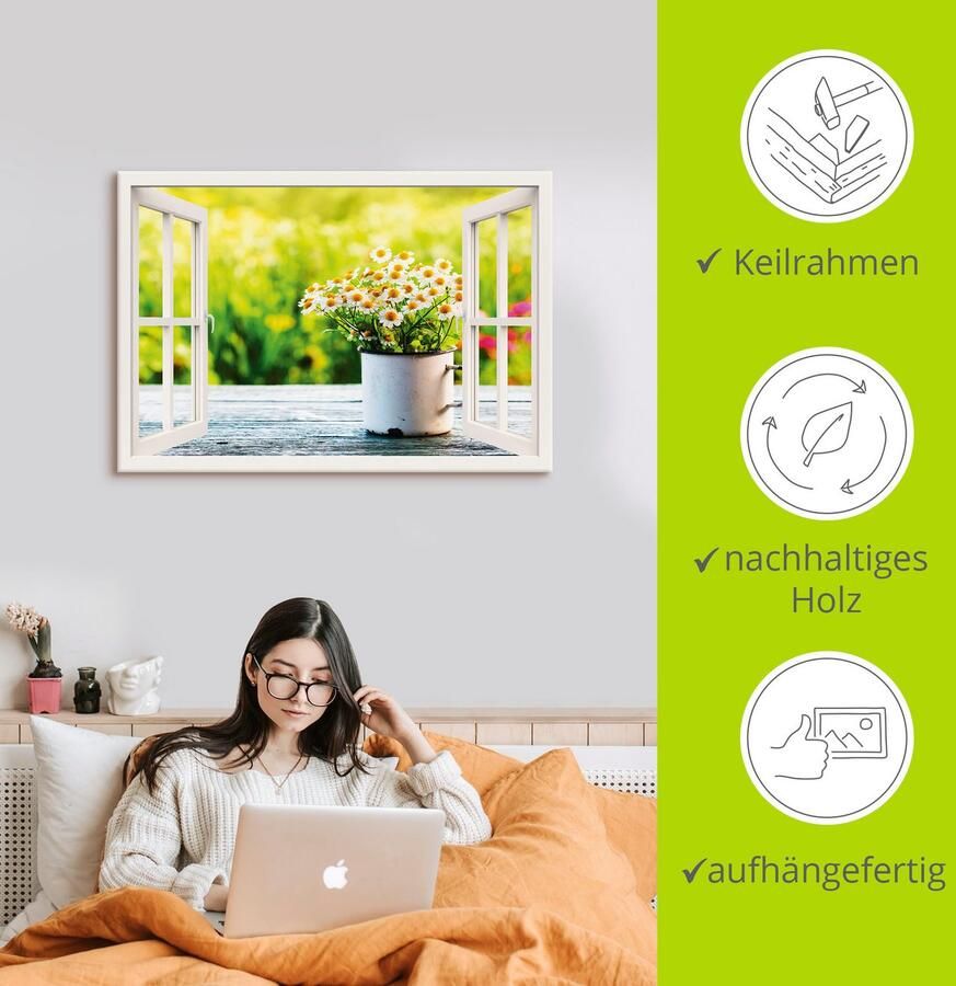 Artland Artprint Blik uit het venster tuin met madeliefje als artprint van aluminium artprint op linnen muursticker verschillende maten - Foto 2