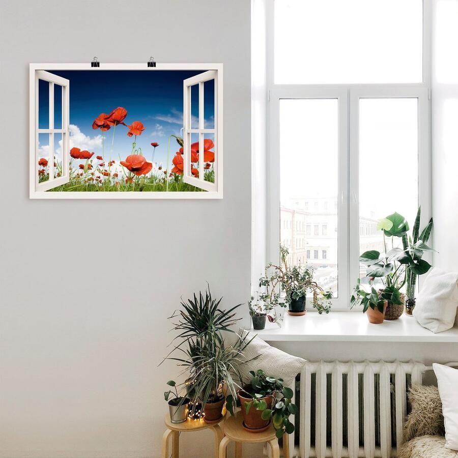 Artland Poster Blik uit het venster veld met klaprozen - Foto 2