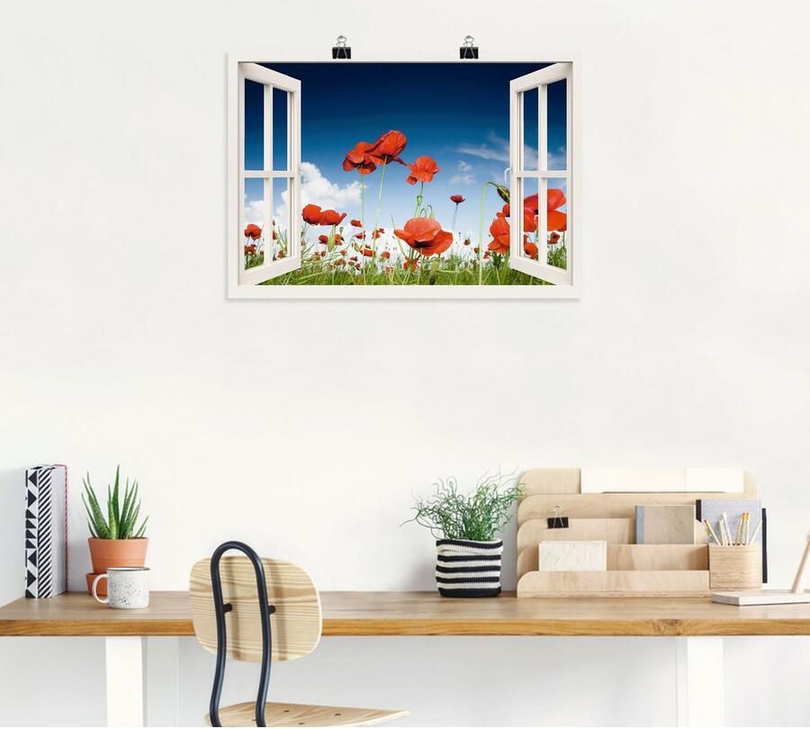 Artland Poster Blik uit het venster veld met klaprozen - Foto 5