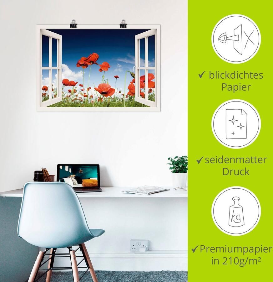 Artland Poster Blik uit het venster veld met klaprozen - Foto 3