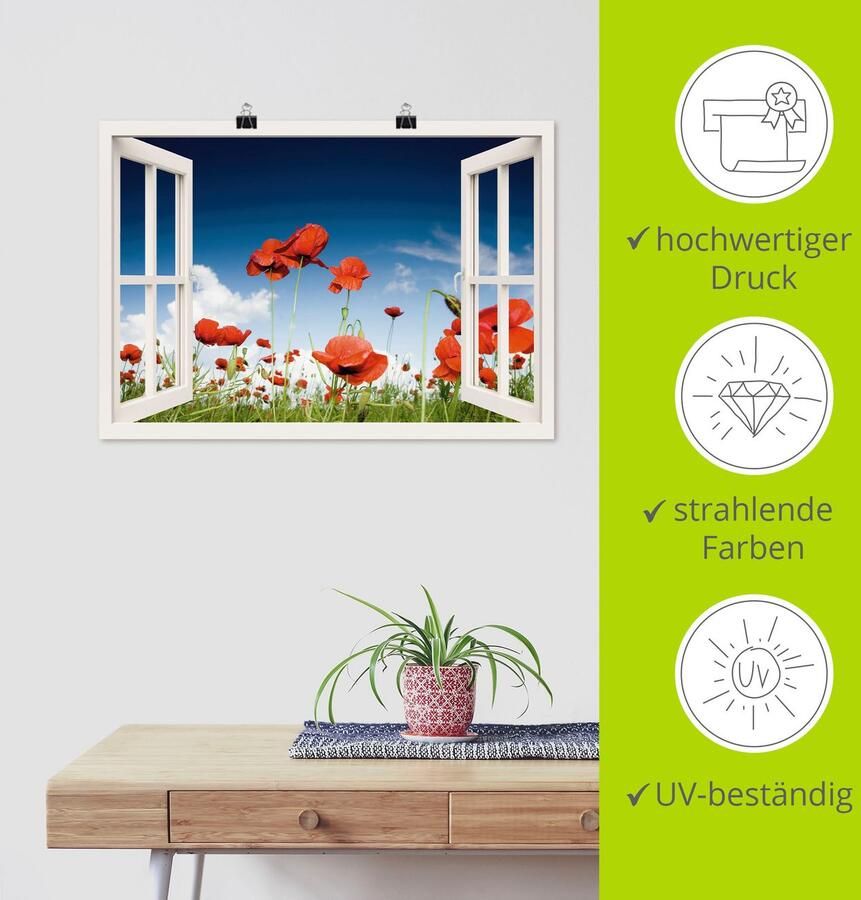 Artland Poster Blik uit het venster veld met klaprozen - Foto 4