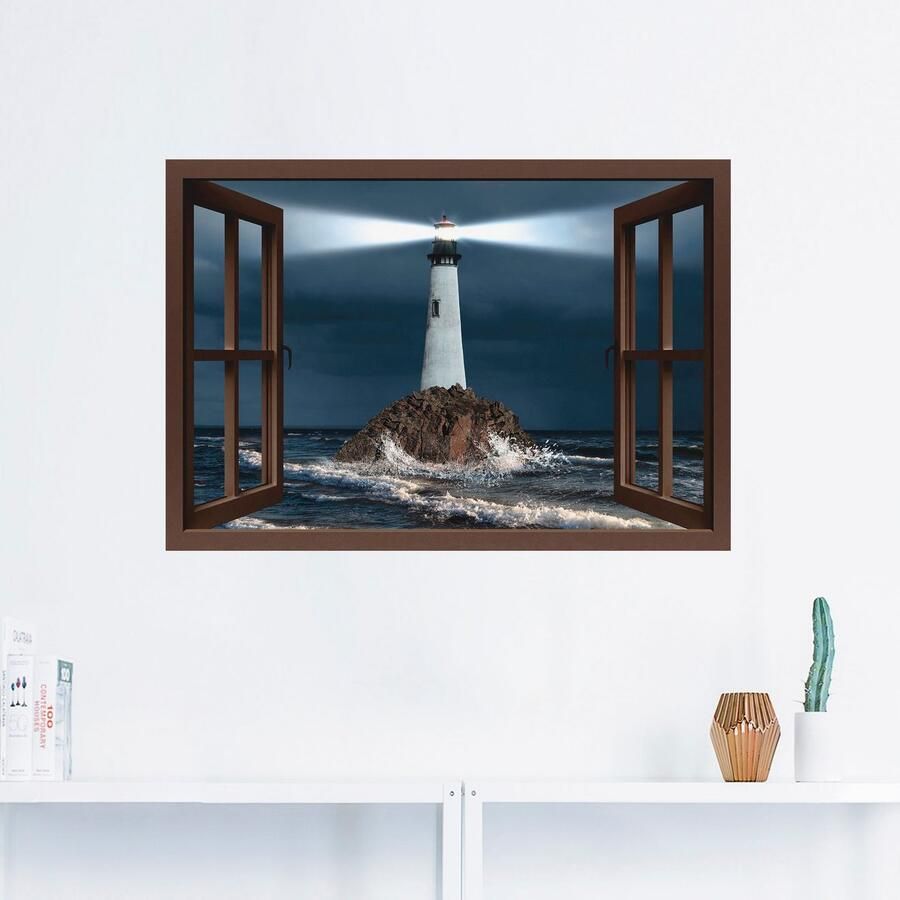 Artland Artprint Blik uit het venster vuurtoren met lichtbundel als artprint op linnen muursticker in verschillende maten - Foto 2