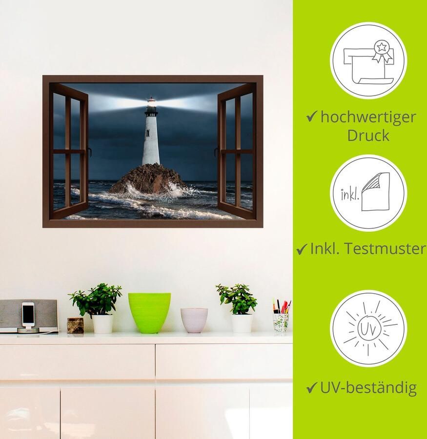 Artland Artprint Blik uit het venster vuurtoren met lichtbundel als artprint op linnen muursticker in verschillende maten - Foto 3