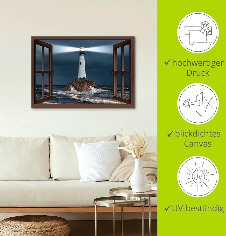 Artland Artprint Blik uit het venster vuurtoren met lichtbundel als artprint op linnen muursticker in verschillende maten - Foto 3