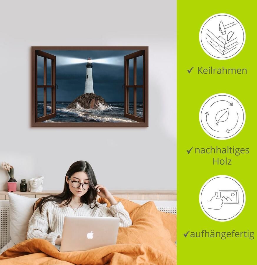 Artland Artprint Blik uit het venster vuurtoren met lichtbundel als artprint op linnen muursticker in verschillende maten - Foto 2