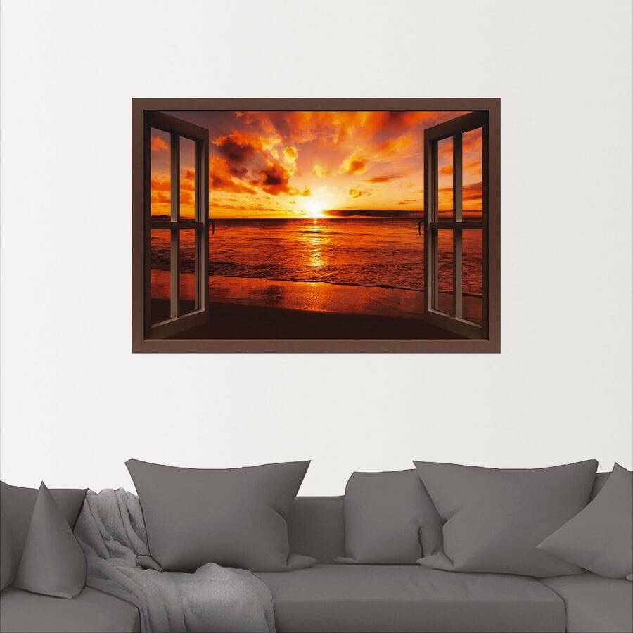 Artland Artprint Blik uit het venster zonsondergang aan het strand als artprint op linnen poster muursticker in verschillende maten