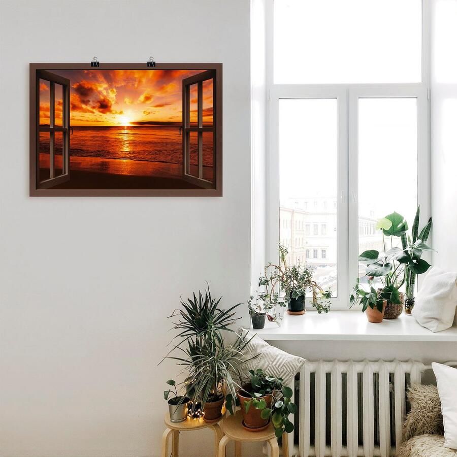 Artland Artprint Blik uit het venster zonsondergang aan het strand als artprint op linnen poster muursticker in verschillende maten - Foto 2