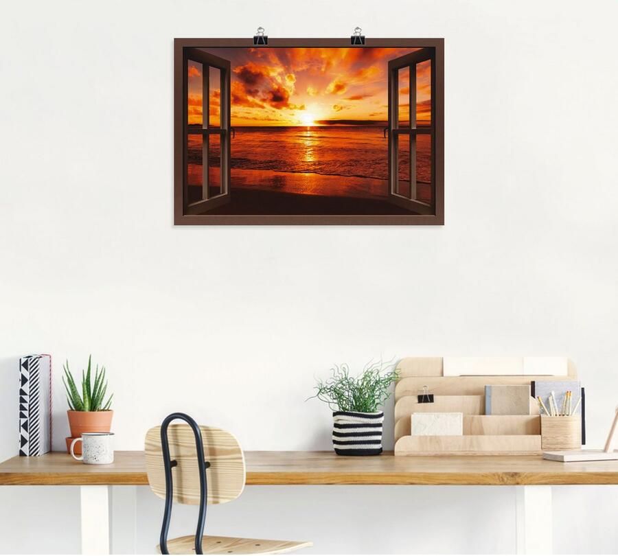 Artland Artprint Blik uit het venster zonsondergang aan het strand als artprint op linnen poster muursticker in verschillende maten - Foto 5