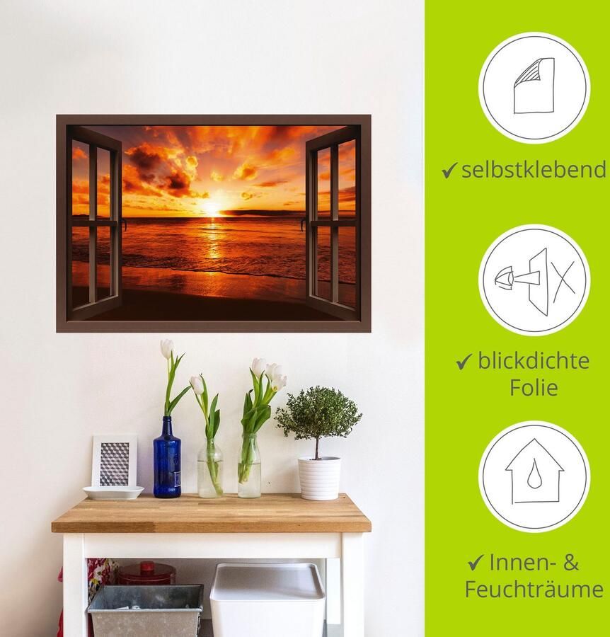 Artland Artprint Blik uit het venster zonsondergang aan het strand als artprint op linnen poster muursticker in verschillende maten - Foto 4