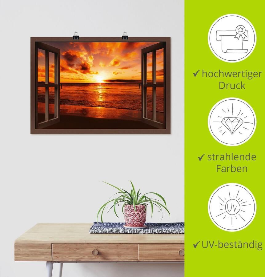 Artland Artprint Blik uit het venster zonsondergang aan het strand als artprint op linnen poster muursticker in verschillende maten - Foto 4