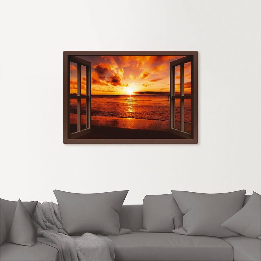 Artland Artprint Blik uit het venster zonsondergang aan het strand als artprint op linnen poster muursticker in verschillende maten - Foto 2