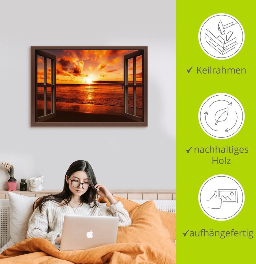 Artland Artprint Blik uit het venster zonsondergang aan het strand als artprint op linnen poster muursticker in verschillende maten - Foto 3