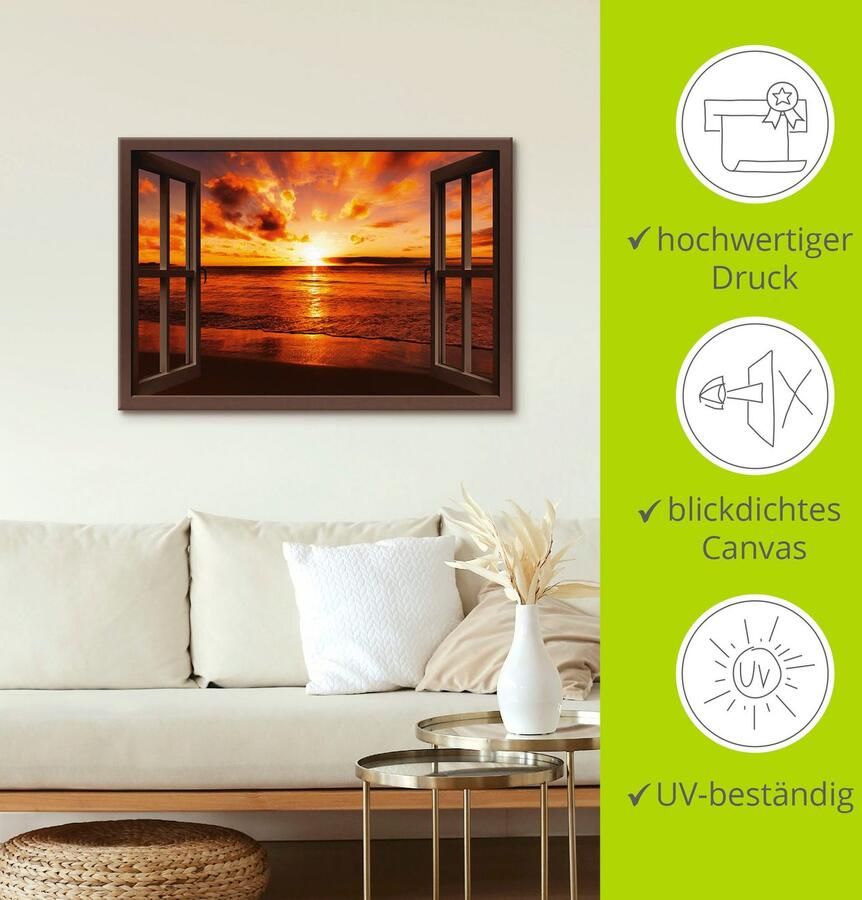 Artland Artprint Blik uit het venster zonsondergang aan het strand als artprint op linnen poster muursticker in verschillende maten - Foto 4