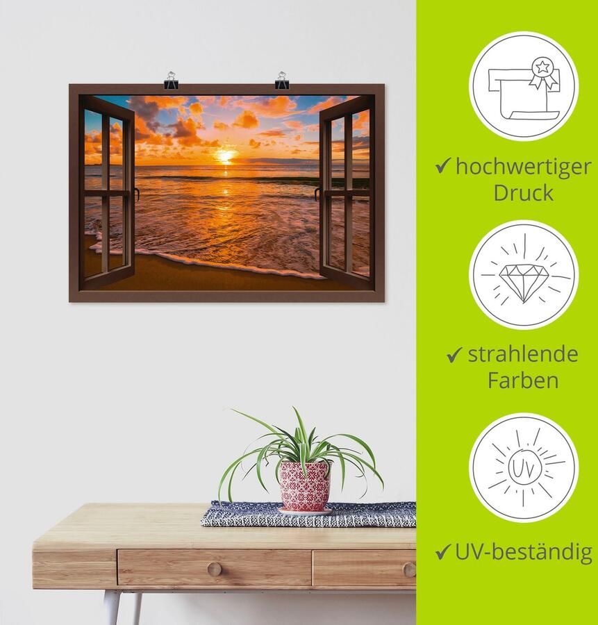 Artland Artprint Blik uit het venster zonsondergang aan het strand als artprint op linnen poster muursticker in verschillende maten - Foto 6