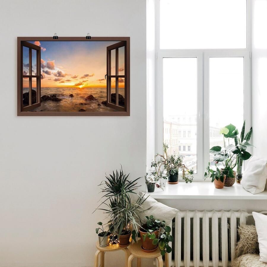 Artland Artprint Blik uit het venster zonsondergang aan zee als artprint van aluminium artprint voor buiten artprint op linnen poster muursticker - Foto 3