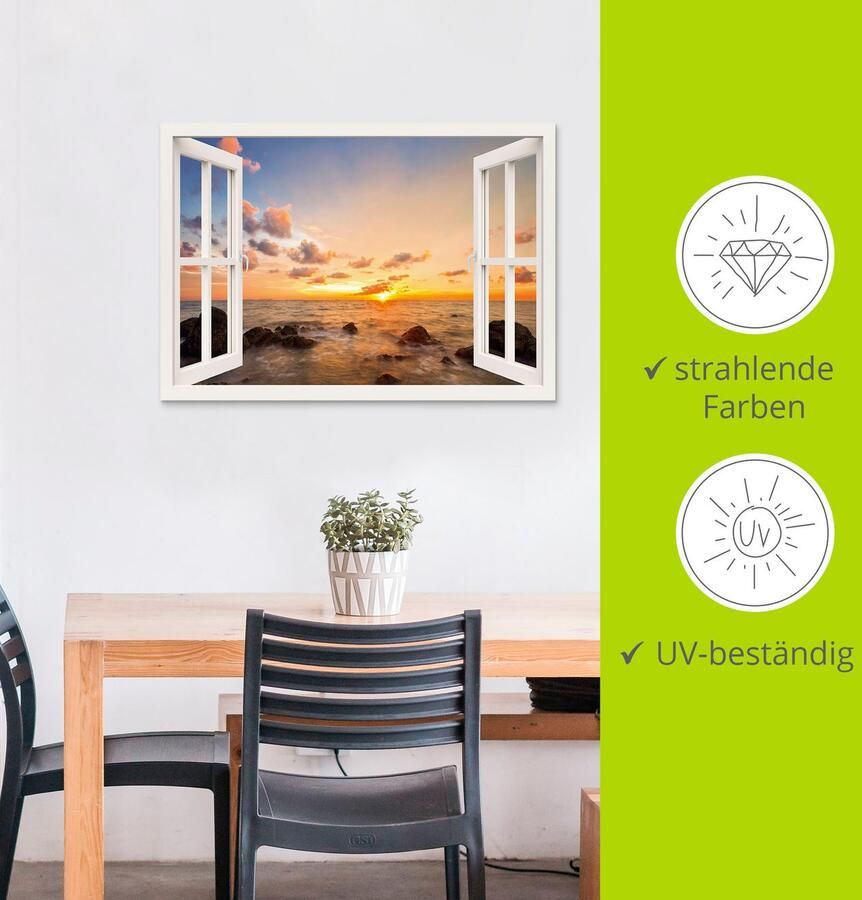 Artland Artprint Blik uit het venster zonsondergang aan zee als artprint van aluminium artprint op linnen muursticker verschillende maten - Foto 3