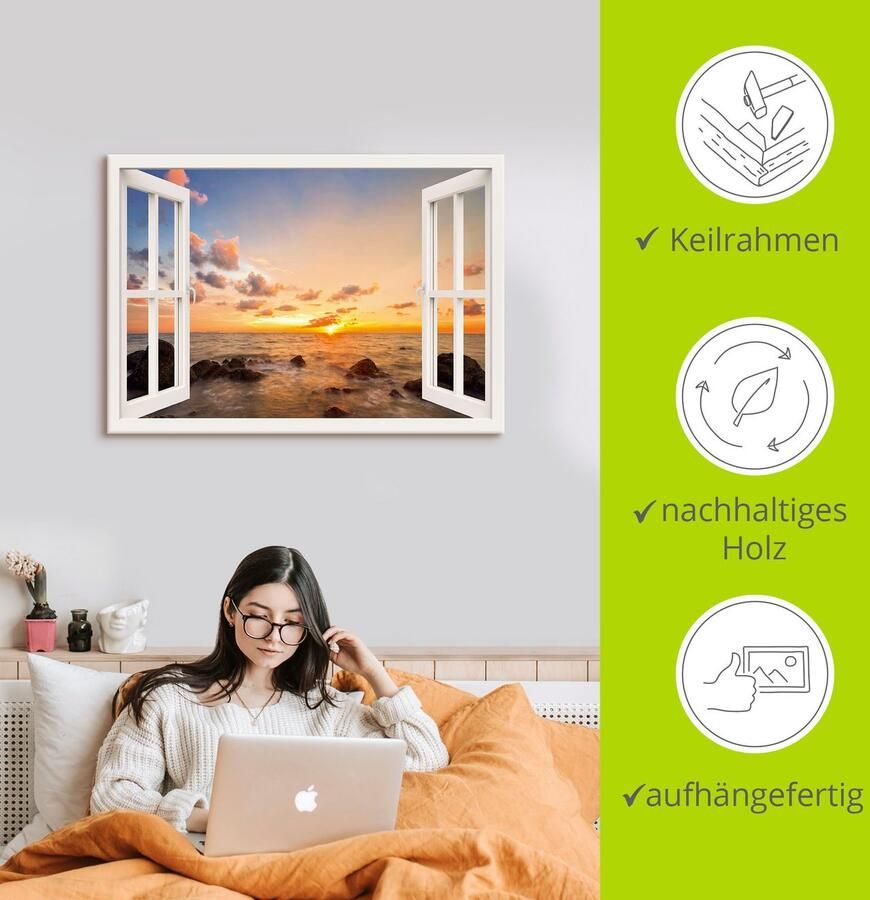 Artland Artprint Blik uit het venster zonsondergang aan zee als artprint van aluminium artprint op linnen muursticker verschillende maten - Foto 3