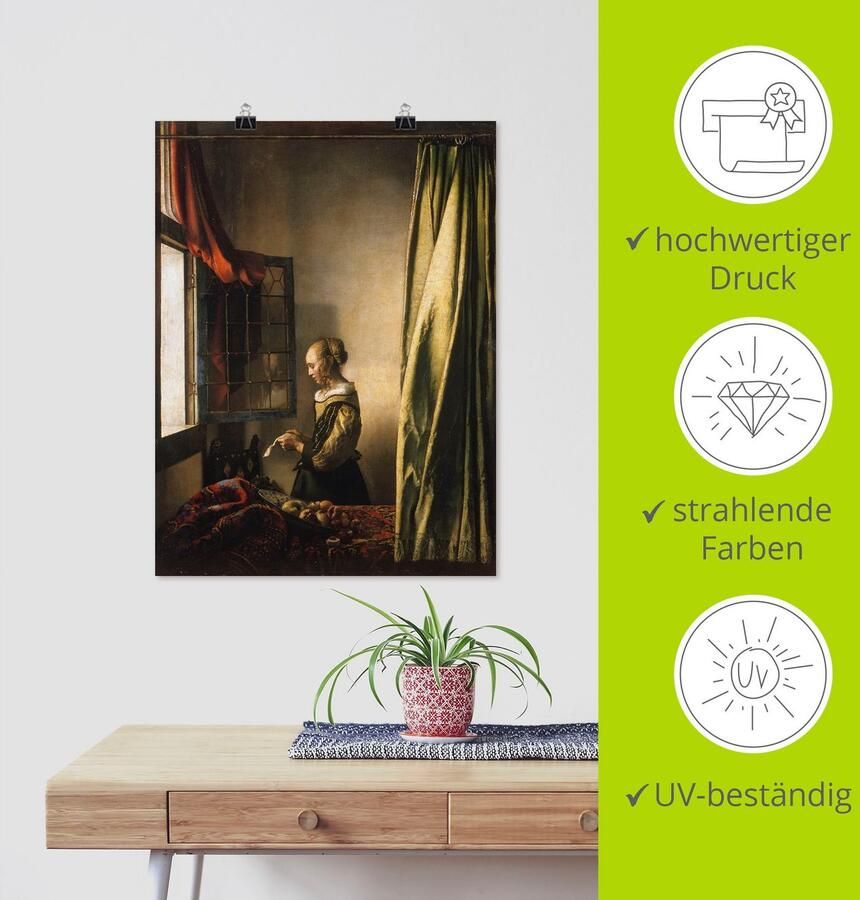 Artland Artprint Brieflezer bij het open raam. Ca. 1658 als artprint op linnen poster muursticker in verschillende maten - Foto 3