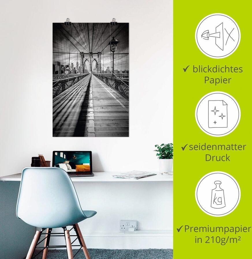 Artland Artprint Brooklyn Bridge New York City monochroom als artprint op linnen poster in verschillende formaten maten - Foto 5