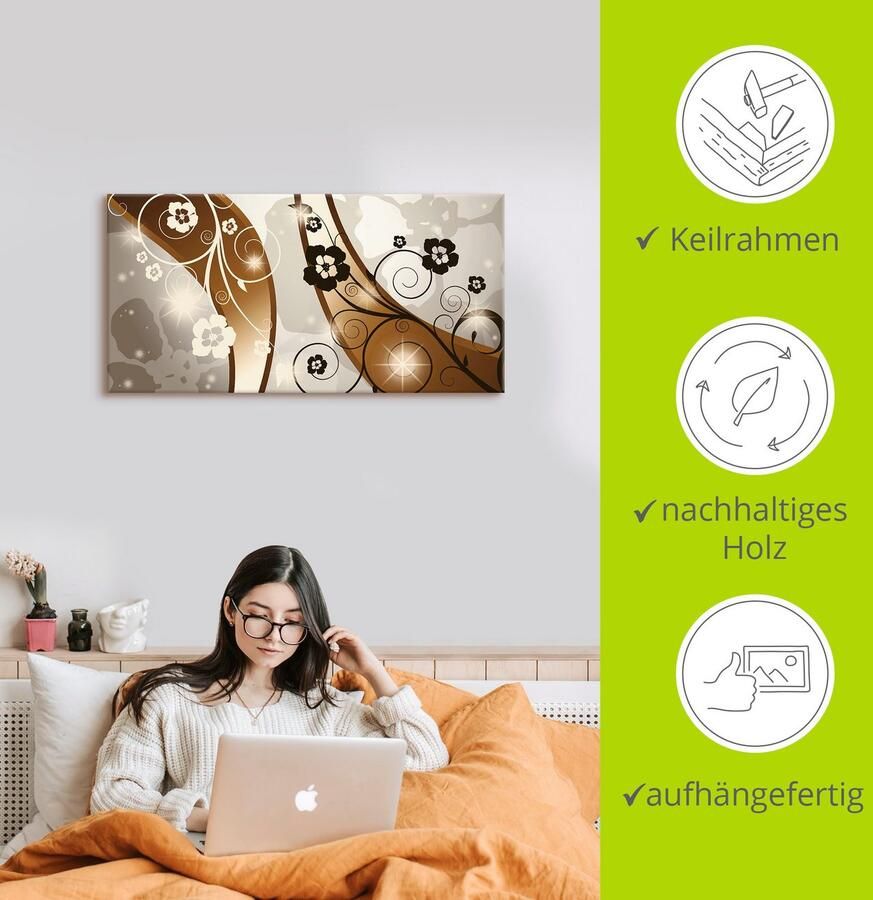 Artland Artprint Bruine wervelingen met bloemen als artprint op linnen poster in verschillende formaten maten - Foto 2