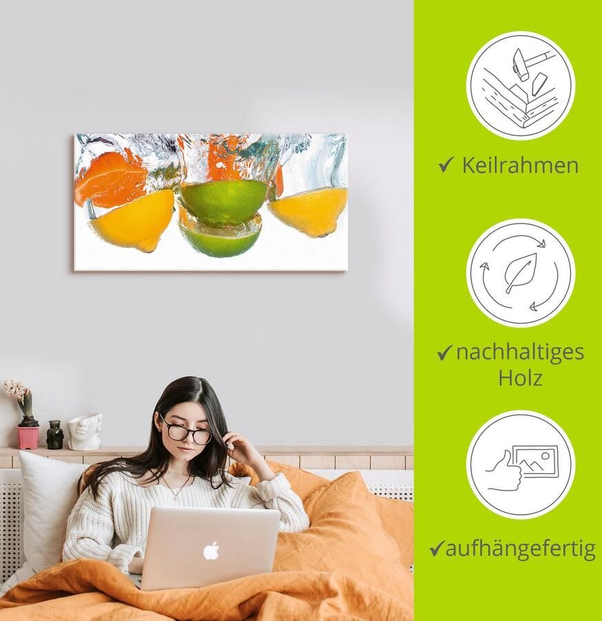 Artland Artprint Citrusvruchten vallen in helder water als artprint op linnen poster muursticker in verschillende maten - Foto 2