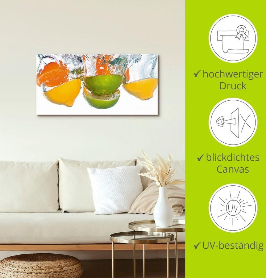 Artland Artprint Citrusvruchten vallen in helder water als artprint op linnen poster muursticker in verschillende maten - Foto 3