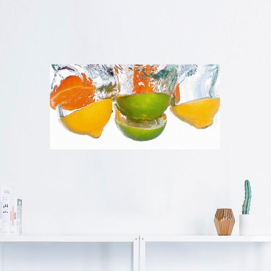 Artland Artprint Citrusvruchten vallen in helder water als artprint op linnen poster muursticker in verschillende maten