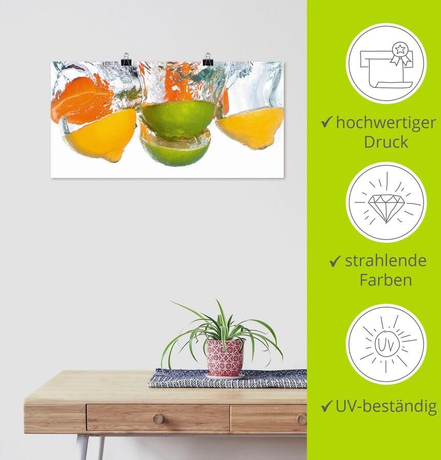 Artland Artprint Citrusvruchten vallen in helder water als artprint op linnen poster muursticker in verschillende maten - Foto 4