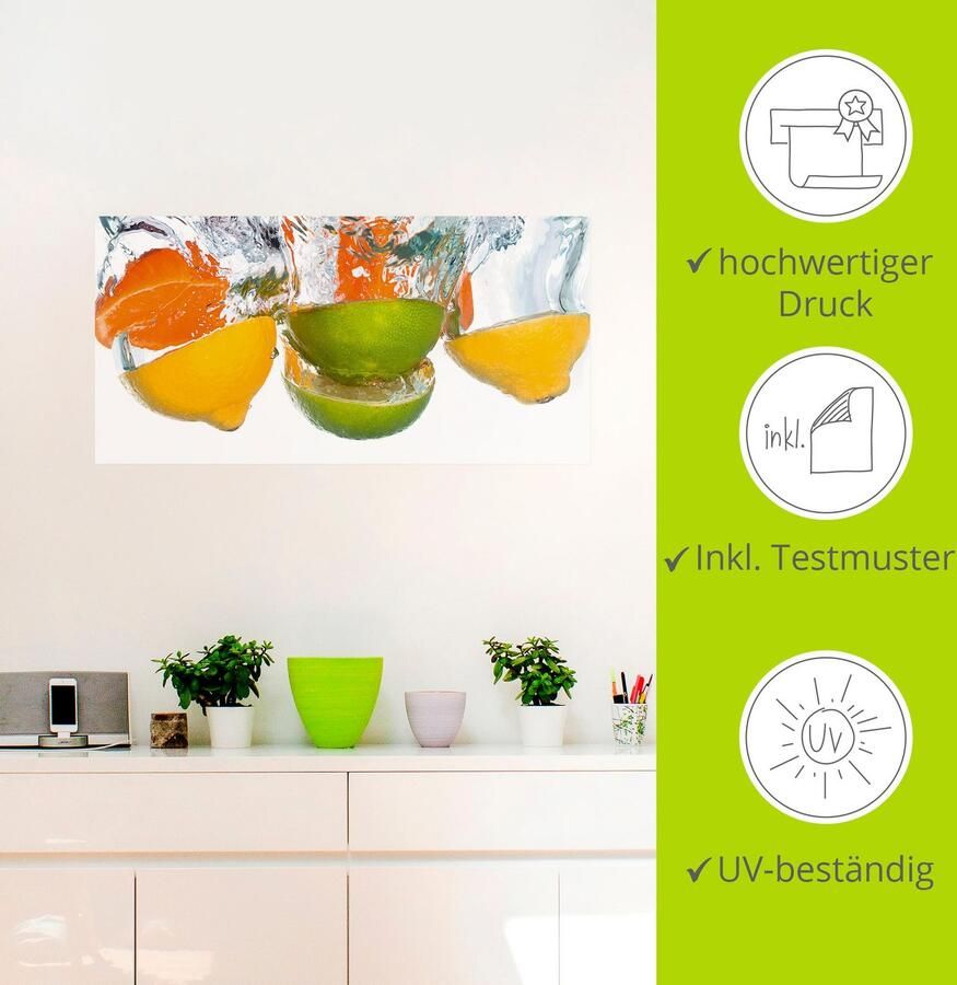 Artland Artprint Citrusvruchten vallen in helder water als artprint op linnen poster muursticker in verschillende maten - Foto 3