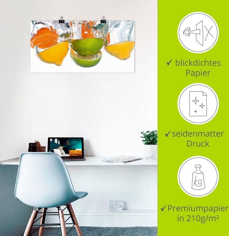 Artland Artprint Citrusvruchten vallen in helder water als artprint op linnen poster muursticker in verschillende maten - Foto 3