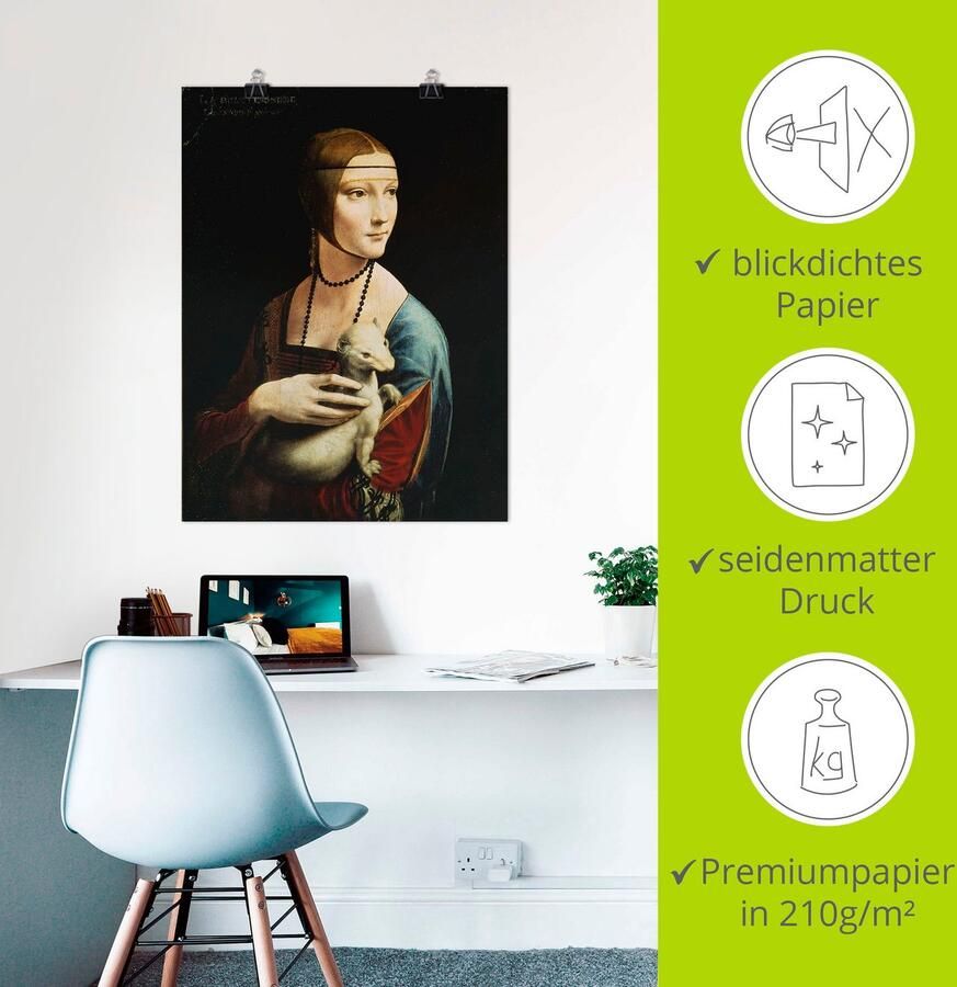 Artland Artprint Dame met de hermelijn portret als artprint op linnen poster muursticker in verschillende maten - Foto 3