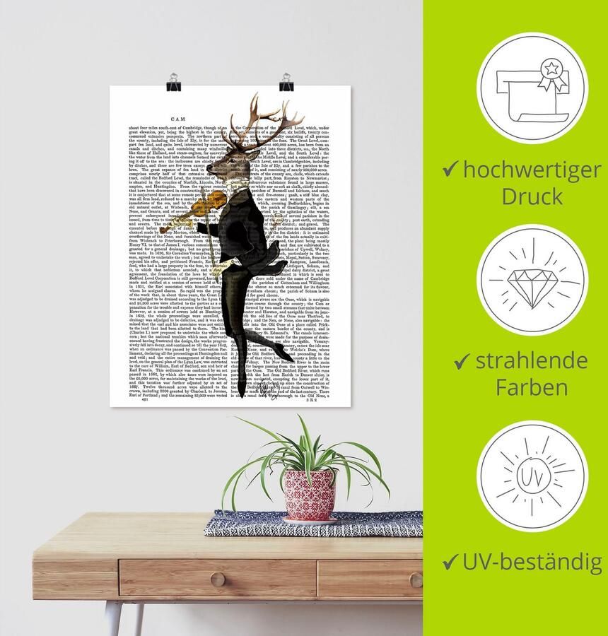Artland Artprint Dansend hert met viool als artprint op linnen poster muursticker in verschillende maten - Foto 3