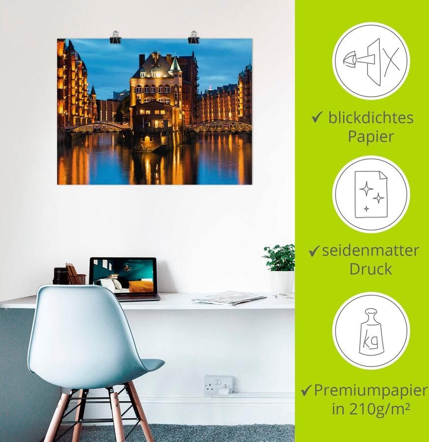 Artland Artprint Deel van de oude Speicherstadt in Hamburg als artprint op linnen poster muursticker in verschillende maten - Foto 3