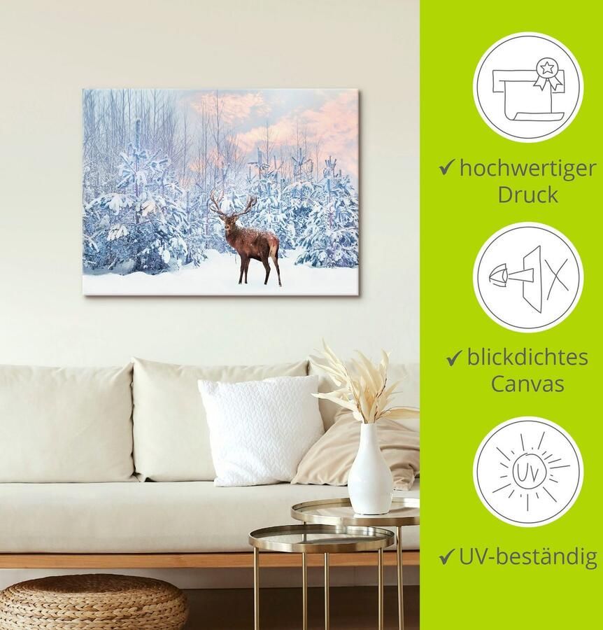 Artland Artprint Edelhert in het winterbos als artprint op linnen poster in verschillende formaten maten - Foto 4