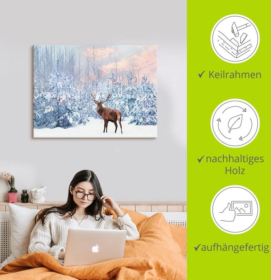 Artland Artprint Edelhert in het winterbos als artprint op linnen poster in verschillende formaten maten - Foto 3