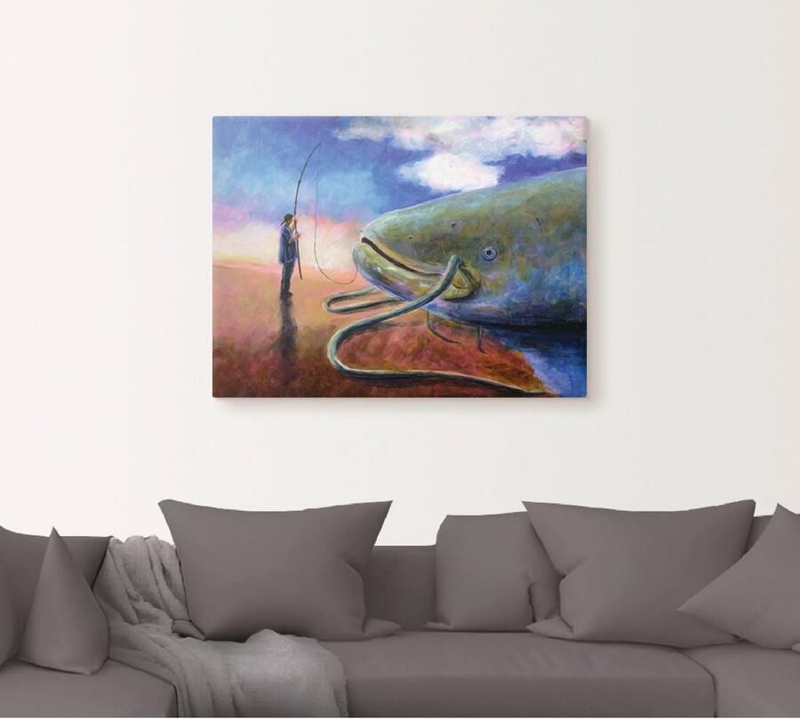 Artland Artprint Een dikke vis op de oever trekken als artprint op linnen muursticker in verschillende maten - Foto 4