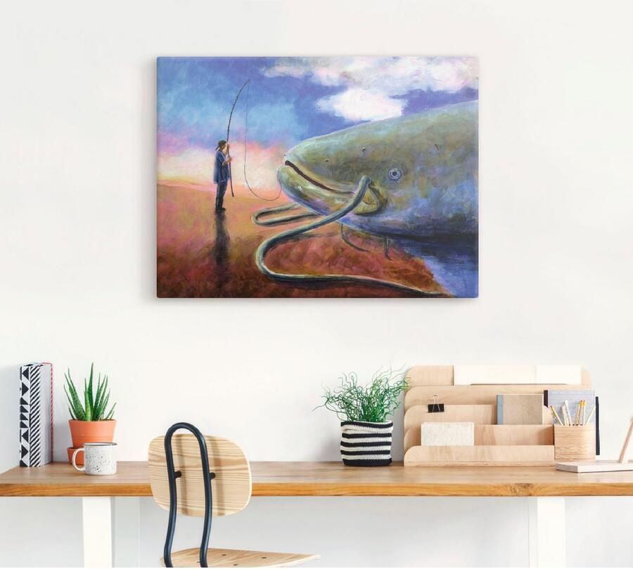 Artland Artprint Een dikke vis op de oever trekken als artprint op linnen muursticker in verschillende maten - Foto 3