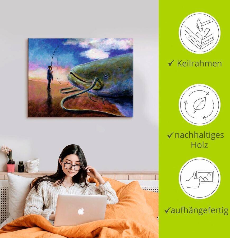 Artland Artprint Een dikke vis op de oever trekken als artprint op linnen muursticker in verschillende maten