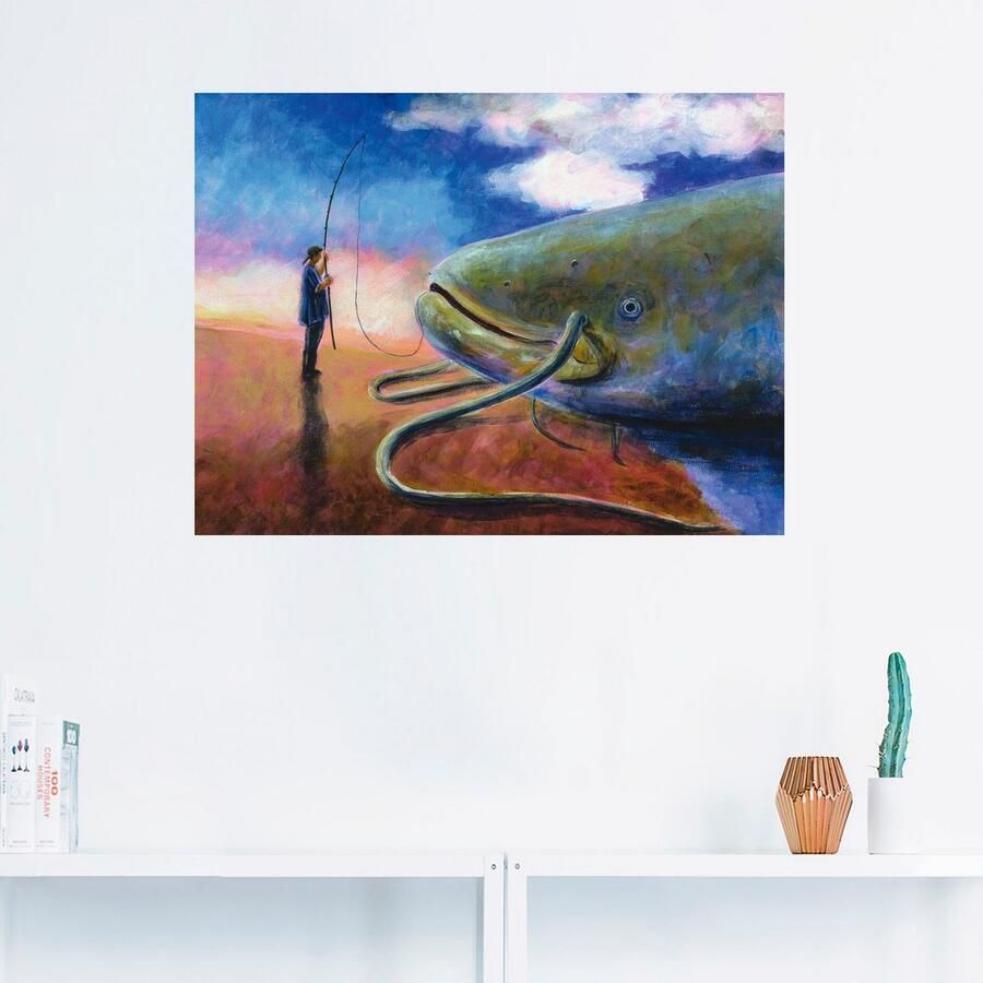 Artland Artprint Een dikke vis op de oever trekken als artprint op linnen muursticker in verschillende maten