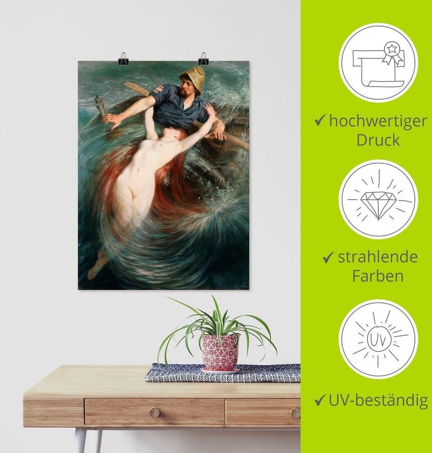 Artland Artprint Een visser in de greep van een sirene. als artprint op linnen poster in verschillende formaten maten - Foto 3